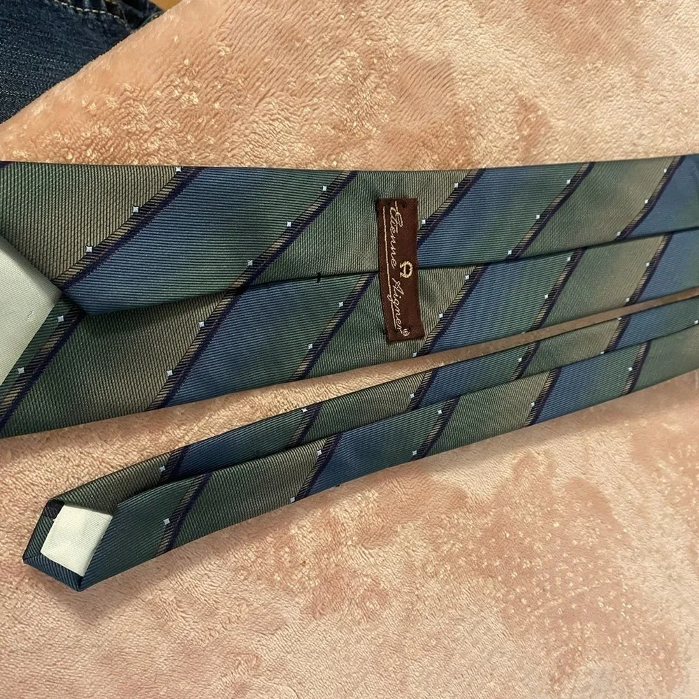 Etienne Aigner Green and Blue Diagonal Striped Tie